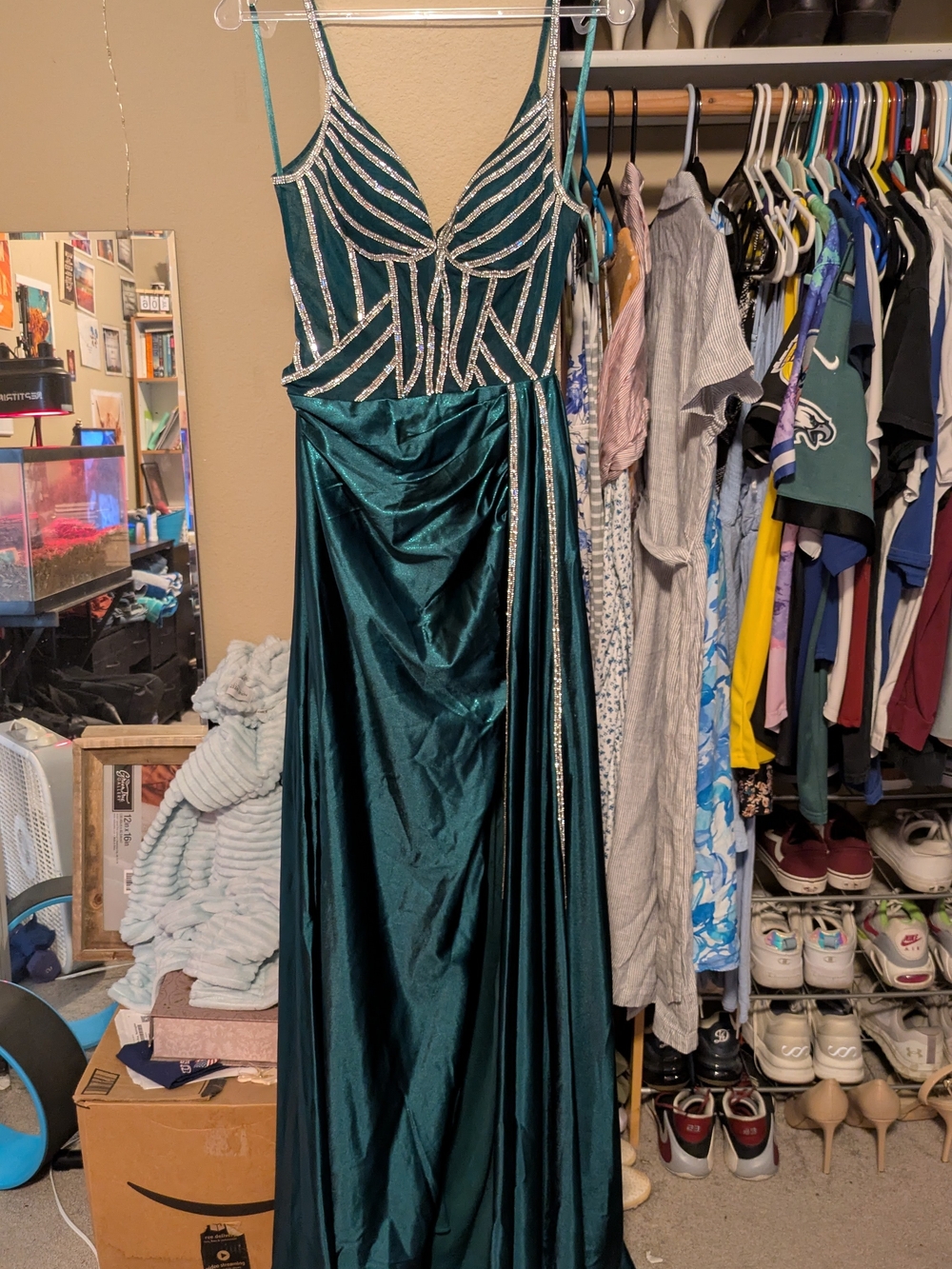 Elegant Teal Satin Evening Dress with Beaded Bodice